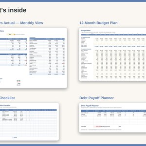 May include: A digital financial planning template featuring four distinct sections: Plan vs Actual Monthly View, 12-Month Budget Plan, Bills Checklist, and Debt Payoff Planner. Each section contains organized tables with columns for income, spending, savings, and debt tracking.