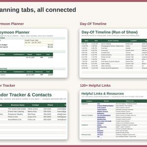 May include: A digital wedding planning spreadsheet featuring 24 connected tabs. The interface displays four distinct sections: Honeymoon Planner, Day-Of Timeline, Vendor Tracker & Contacts, and Helpful Links & Resources with organized data tables.
