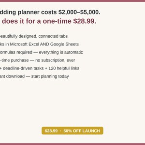 May include: A digital wedding planner template featuring text that reads: A wedding planner costs $2,000&ndash;$5,000. This does it for a one-time $28.99. It lists 24 connected tabs, compatibility with Microsoft Excel and Google Sheets, automatic formulas, no subscriptions, 100+ tasks, 120 links, and instant download.