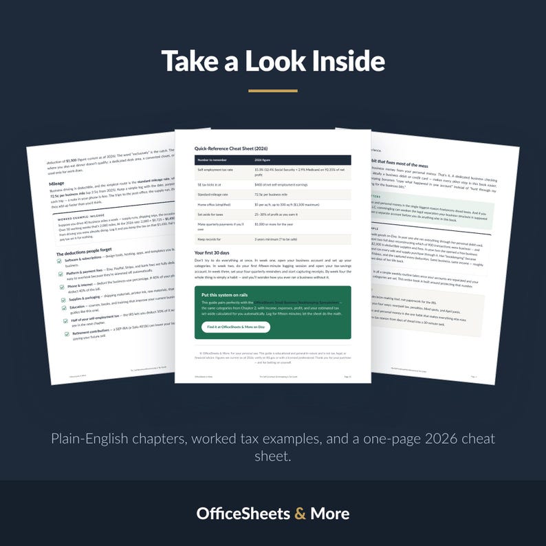 May include: Three white pages of a business guide titled Take a Look Inside, featuring a Quick-Reference Cheat Sheet for 2026 with tax tables, mileage deduction examples, and financial advice. The bottom text reads Plain-English chapters, worked tax examples, and a one-page 2026 cheat sheet. OfficeSheets & More.