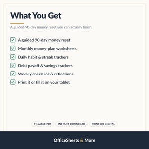 May include: A digital document titled What You Get, listing features for a 90-day money reset including monthly worksheets, habit trackers, debt and savings trackers, and weekly check-ins. It notes options for printing or tablet use, with buttons for Fillable PDF, Instant Download, and Print or Digital.