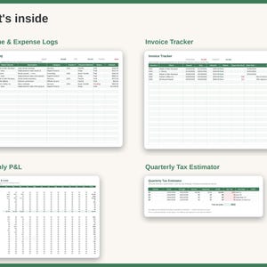 May include: A digital spreadsheet template titled What's inside, featuring four distinct sections: Income & Expense Logs, Invoice Tracker, Monthly P&L, and Quarterly Tax Estimator. Each section displays organized tables with columns for financial data tracking.