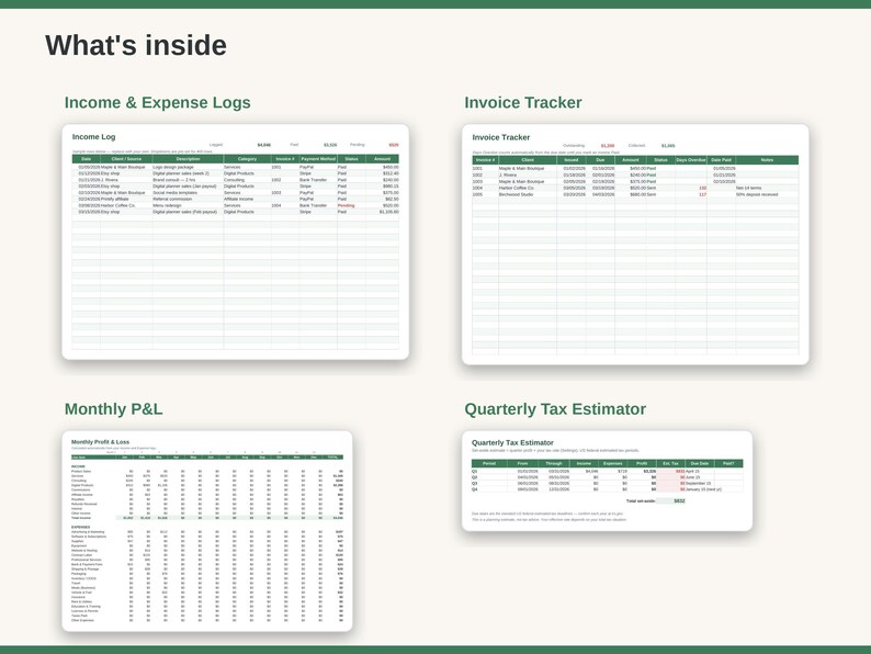 May include: A digital spreadsheet template titled What's inside, featuring four distinct sections: Income & Expense Logs, Invoice Tracker, Monthly P&L, and Quarterly Tax Estimator. Each section displays organized tables with columns for financial data tracking.
