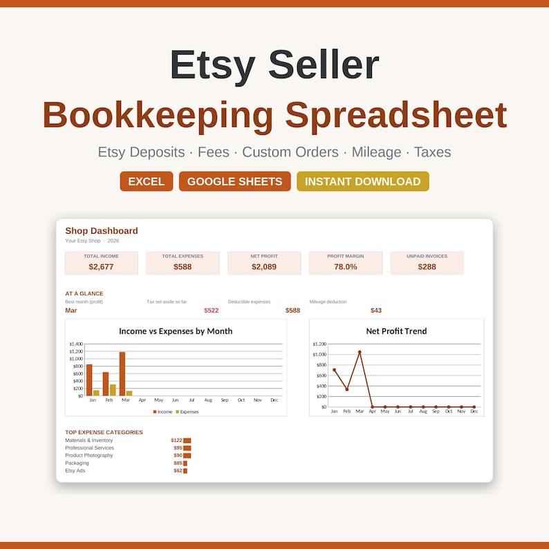 May include: An Etsy Seller Bookkeeping Spreadsheet digital tool featuring a shop dashboard with income, expenses, net profit, profit margin, and unpaid invoices. Includes bar charts for income versus expenses and a line graph for net profit trends.