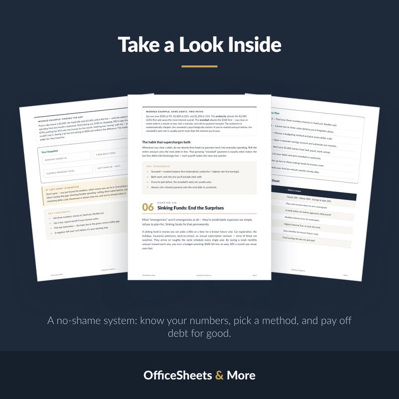 May include: Three white pages of a financial planning guide titled Take a Look Inside. The pages feature black text, tables, and headers including Chapter Six: Sinking Funds: End the Surprises. The bottom text reads: A no-shame system: know your numbers, pick a method, and pay off debt for good. OfficeSheets & More.