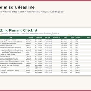 May include: A digital wedding planning checklist spreadsheet with a dark green header row. The text reads Never miss a deadline, 100+ tasks with due dates that shift automatically with your wedding date, and Wedding Planning Checklist.