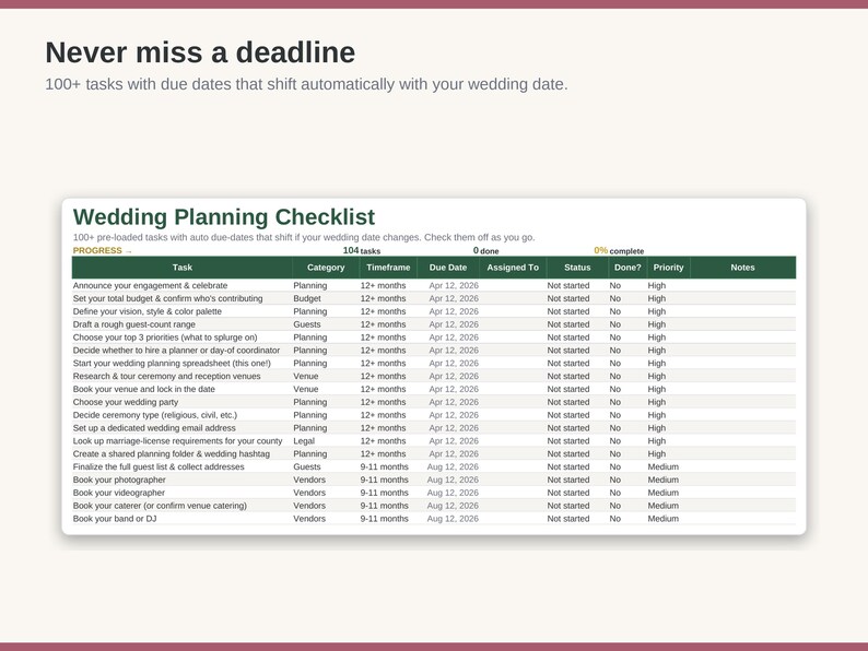May include: A digital wedding planning checklist spreadsheet with a dark green header row. The text reads Never miss a deadline, 100+ tasks with due dates that shift automatically with your wedding date, and Wedding Planning Checklist.