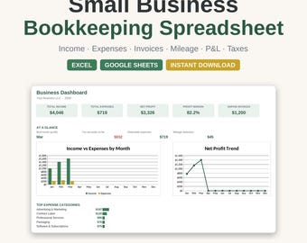 Small Business Bookkeeping Spreadsheet, Income Expense Tracker (Digital Download)