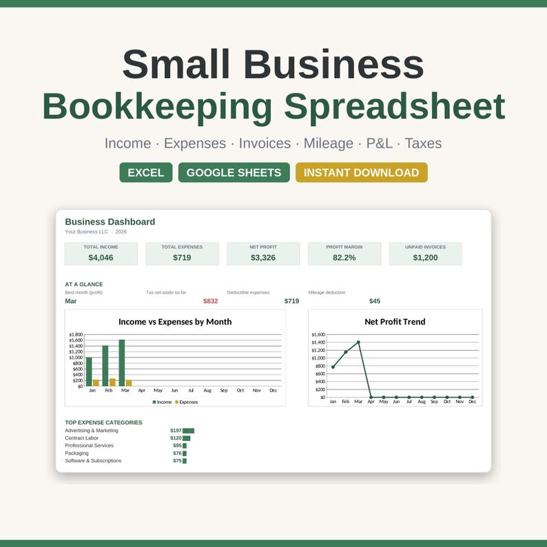 May include: A digital small business bookkeeping spreadsheet template featuring a business dashboard with income, expenses, net profit, and tax tracking charts. The interface includes buttons for Excel and Google Sheets compatibility and displays monthly financial data visualizations.