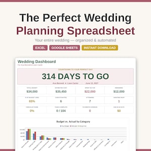 May include: A digital wedding planning spreadsheet dashboard titled The Perfect Wedding Planning Spreadsheet. It displays a countdown of 314 days, budget metrics including a $34,000 total budget, guest counts, and a bar chart comparing budget vs. actual costs.