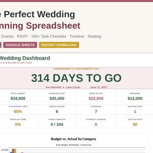 May include: A digital wedding planning spreadsheet dashboard titled The Perfect Wedding Planning Spreadsheet. It displays a countdown of 314 days, budget metrics including a $34,000 total budget, guest counts, and task completion status for Ava Bennett and Liam Carter.