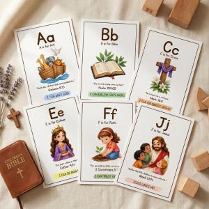 Puede incluir: Un conjunto de seis tarjetas educativas del alfabeto con temas religiosos, que incluyen ilustraciones del arca de Noé, una Biblia, una cruz, la reina Ester, un niño plantando y Jesús con niños, cada una con referencias bíblicas y afirmaciones.