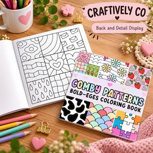 May include: A coloring book titled Comby Patterns Bold-Eges Coloring Book with a cover showing colorful patterns like cow print, scales, and puzzle pieces, alongside an open book displaying black and white line art patterns.