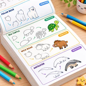 May include: A drawing instruction book featuring step-by-step guides for sketching a polar bear, sea turtle, wild boar, and anteater. Each section includes labeled animal names, line art progression steps, a colored example, and a practice area.