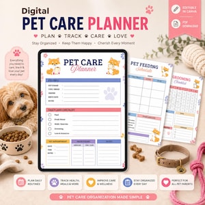 May include: A digital pet care planner template featuring sections for pet info, daily care checklists, vet appointments, and medication tracking. The layout includes illustrations of foxes, paw prints, and organised tables for feeding schedules and grooming checklists.
