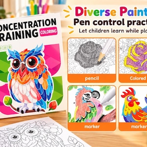 Puede incluir: Un libro de colorear de entrenamiento de concentración con una ilustración de un búho colorido en la portada. El libro muestra texto que incluye "CONCENTRATION TRAINING COLORING" y "Diverse Painting Pen control practice". Cuatro paneles muestran técnicas de coloreado usando lápiz, lápiz de color, marcador y rotulador sobre varios diseños de líneas de animales y flores.