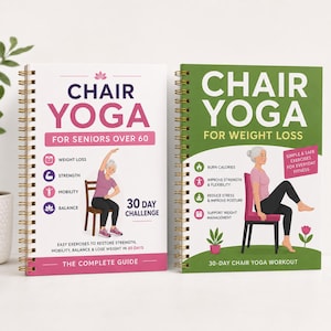 Peut inclure: Deux livres à reliure spirale intitulés Chair Yoga. Le livre de gauche est blanc avec du texte rose et une illustration d'une personne sur une chaise. Le livre de droite est vert avec du texte blanc et une illustration d'une personne sur une chaise.