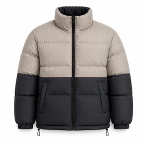 May include: A colour-blocked puffer jacket featuring a beige upper section and a black lower section. The jacket has a high stand-up collar, a full-length central black zip, long sleeves with elasticated cuffs, and two side pockets with a drawstring hem.