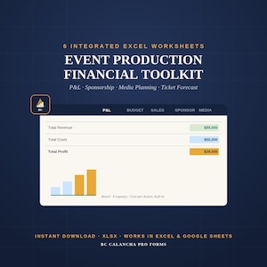 Może przedstawiać: Cyfrowy zestaw narzędzi finansowych zawierający 6 zintegrowanych arkuszy Excel o nazwie Event Production Financial Toolkit. Interfejs zawiera zakładki P&L, budżet, sprzedaż, sponsorzy i media oraz wykres słupkowy z danymi finansowymi.