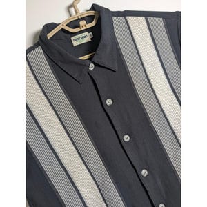 Puede incluir: Una camisa de botones gris carbón oscuro con paneles verticales de tela texturizada en color blanco roto. La camisa tiene un cuello clásico, botones de color claro y una etiqueta en el cuello que dice GUESS JEANS con la talla M visible.