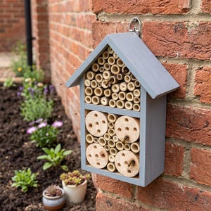 May include: A gray wooden bee house with a pitched roof, featuring two distinct sections filled with natural bamboo tubes and four circular wooden blocks with drilled holes, mounted on a red brick wall with several small bees flying around.