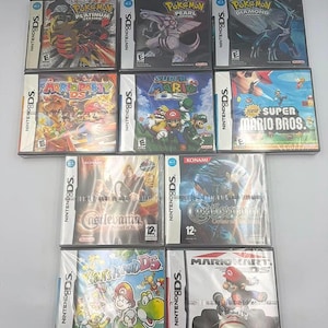 May include: A collection of ten Nintendo DS video games including Pokémon Platinum, Pearl, and Diamond, Mario Party DS, Super Mario DS, New Super Mario Bros, Castlevania Portrait of Ruin and Order of Ecclesia, Yoshi's Island DS, and Mario Kart DS.