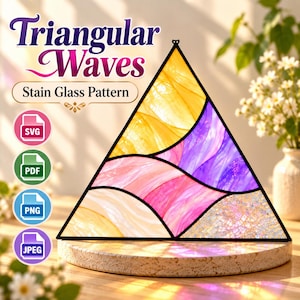 May include: A triangular stained glass pattern titled Triangular Waves, featuring yellow, purple, pink, and iridescent textured glass segments outlined in black. The image includes SVG, PDF, PNG, and JPEG file format icons on the left side.