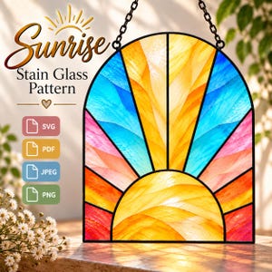 May include: A stained glass sun pattern featuring a semi-circular yellow sun with radiating beams in shades of blue, orange, and pink. The design includes text reading Sunrise Stain Glass Pattern and icons for SVG, PDF, JPEG, and PNG file formats.
