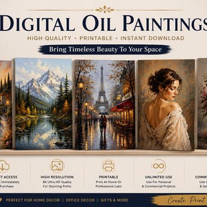 Può includere: Una collezione digitale di cinque dipinti a olio raffiguranti un tramonto sulla costa, un lago di montagna, una strada parigina piovosa con la Torre Eiffel, un ritratto in abito bianco e una composizione floreale in un vaso con testo.