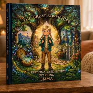 May include: A hardcover book titled The Great Adventure, A Personalized Story Starring Emma. The cover features a blonde child in a green jacket and tan pants standing on a stone path under large trees, with a gold compass resting on the ground.