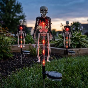 May include: Three solar-powered garden stakes featuring off-white plastic skeletons wearing black mesh capes. Each skeleton is mounted on a clear pole containing vertical red LED lights, with a circular solar panel base at the bottom of each stake.