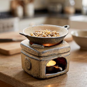 May include: A ceramic wax warmer featuring a square base with a circular cutout for a tea light candle and a shallow, two-handled bowl on top filled with small, light-colored wax melts. The piece has a mottled beige and brown glaze finish.