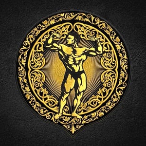 Op de afbeelding: Een rond embleem met een goudkleurig silhouet van een gespierd figuur dat poseert met gebogen armen. Het centrale figuur staat tegen een stralend zonnepatroon, omringd door een gedetailleerde gouden filigraanrand op een zwarte achtergrond.