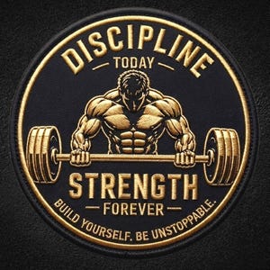 May include: A circular embroidered patch featuring a black background with gold thread detailing. The design shows a muscular figure lifting a barbell, surrounded by the text DISCIPLINE TODAY, STRENGTH FOREVER, and BUILD YOURSELF, BE UNSTOPPABLE.