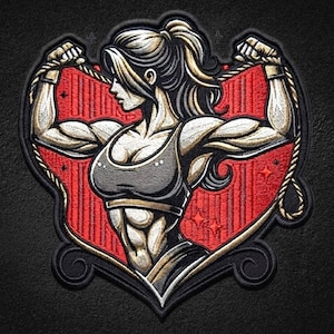 Pode incluir: Um emblema bordado apresentando uma figura musculosa com rabo de cavalo, vestindo um top esportivo e faixas de pulso, flexionando ambos os braços enquanto segura uma corda. O design é definido contra um fundo vermelho com listras.