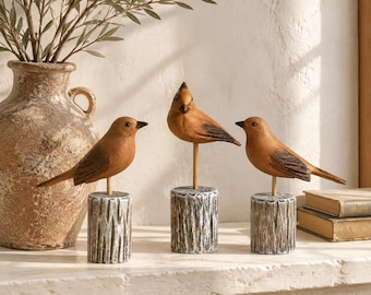 Mediterranean Wooden Bird Decor, Rustic Bird Figurine on Stand, Coastal Cottage Shelf Decor, Nature Inspired Housewarming Gift