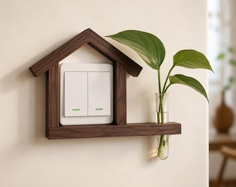 Black Walnut Light Switch Decor, House-Shaped Wooden Switch Frame with Key Hook or Plant Vase