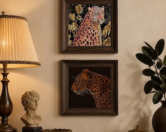 Vintage Leopard Wall Art, Wild Animal Decor, Dark Academia Framed Art, Maximalist Jungle Art, Eclectic Gallery Wall Decor, 6.7in Square