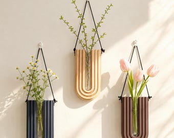 Solid Wood Wall Propagation Vase, Hanging Test Tube Planter, Minimalist Hydroponic Flower Vase, Plant Lover Gift, Japandi Wall Decor