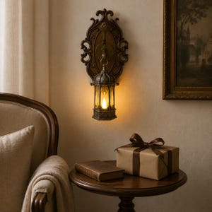 Op de afbeelding: Een wandlamp in de vorm van een lantaarn met een sierlijke, donkerbruine, ovale achterplaat met ingewikkeld krulwerk. Een hangende, zeshoekige metalen lantaarn met glazen panelen en een warm gloeiende lichtbron hangt aan een centrale haak.