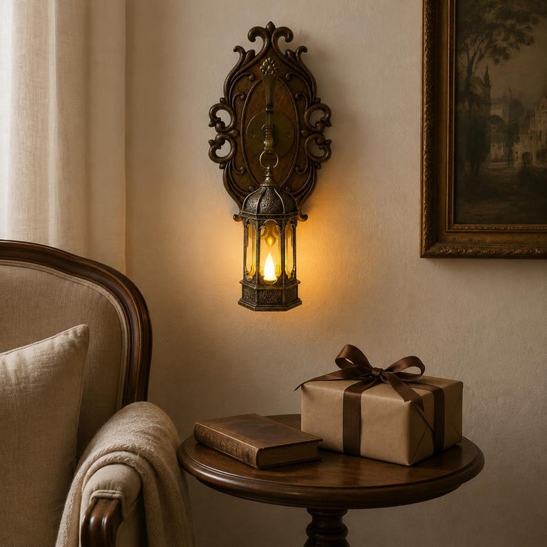 Op de afbeelding: Een wandlamp in de vorm van een lantaarn met een sierlijke, donkerbruine, ovale achterplaat met ingewikkeld krulwerk. Een hangende, zeshoekige metalen lantaarn met glazen panelen en een warm gloeiende lichtbron hangt aan een centrale haak.
