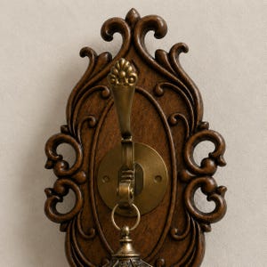 Op de afbeelding: Een wandhaak met een donkerbruine houten achterplaat met gedetailleerd houtsnijwerk. Een messingkleurige metalen haak is in het midden bevestigd op een ronde messing basis, met een kleine metalen ring die aan de onderkant van de haak hangt.