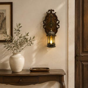 Op de afbeelding: Een wandlamp met een sierlijke, donkerbruine, ovale achterplaat met ingewikkeld krulwerk. Een kleine, metalen lantaarn in kooistijl hangt aan een haak en straalt een warm, gloeiend licht uit van een kaarsvormige lamp in het midden.