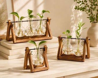 Wooden Plant Propagation Station, Glass Bulb Hydroponic Vase, Rustic Desktop Plant Decor