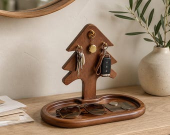 Wooden Key Holder Tray, Entryway Organizer Stand, Cactus or Christmas Tree Catchall, Valet Tray, Rustic Housewarming Gift for Him or Her
