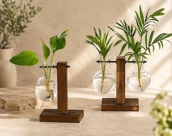 Propagation Station with Glass Bulb Vase, Wooden Hydroponic Plant Stand, Plant Cutting Holder, Plant Lover Gift, Desk & Shelf Decor