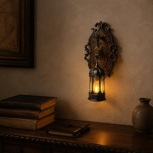 Op de afbeelding: Een wandlamp met een sierlijke, donkerbruine, ovale achterplaat met ingewikkeld krulwerk. Een lantaarnvormige armatuur hangt in het midden en bevat een enkele gloeiende, warmgekleurde, vlamvormige gloeilamp.