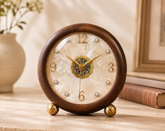 Tafelklok van parelmoer, vintage houten bureauklok, stille luxe schoorsteenklok, stille nachtkast- en kantoordecoratie, housewarmingcadeau