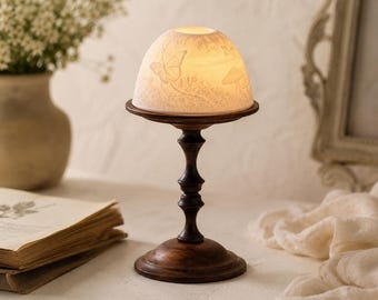 Vintage Walnut Candle Holder with Porcelain Dome, Butterfly Botanical Relief, Cottagecore Home Decor, Cozy Housewarming Gift