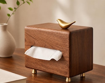 Walnut Wood Tissue Box Cover with Brass Bird, Minimalist Tissue Holder for Bathroom, Living Room or Desk, Housewarming Gift